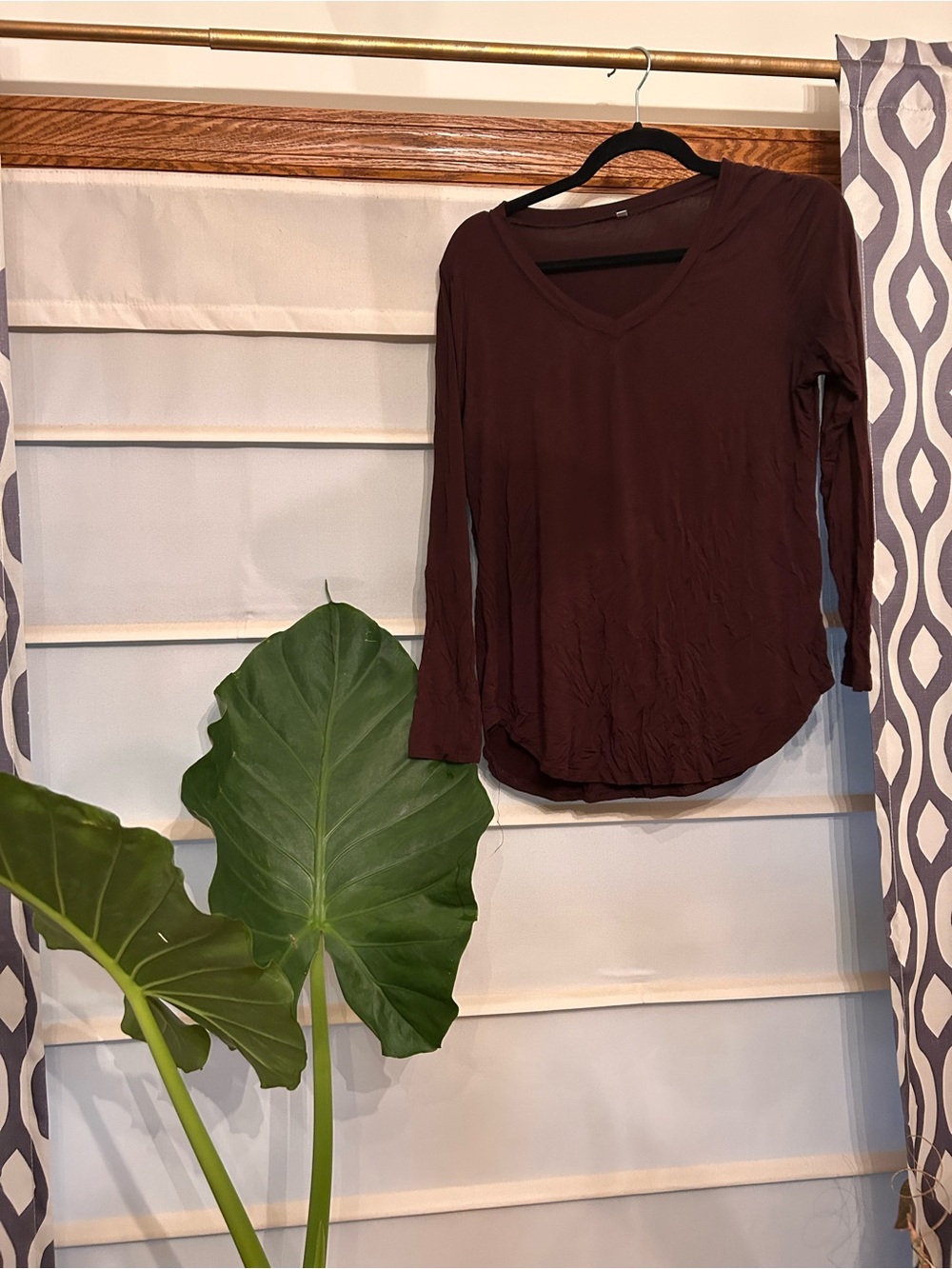 Women's Brown V-Neck Long Sleeve Top